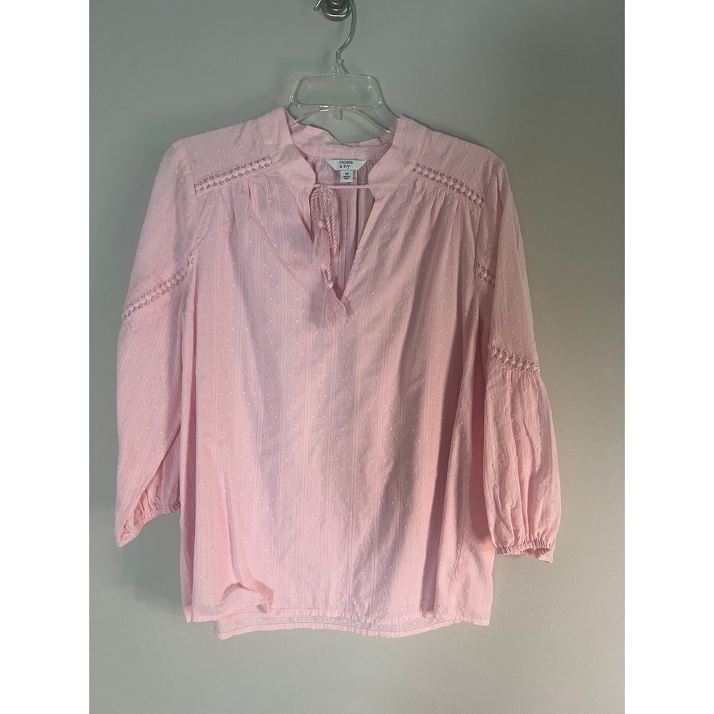 Crown & Ivy Pink Clip Dot Peasant Blouse‎ Lace Trim Tassel Tie Top Medium